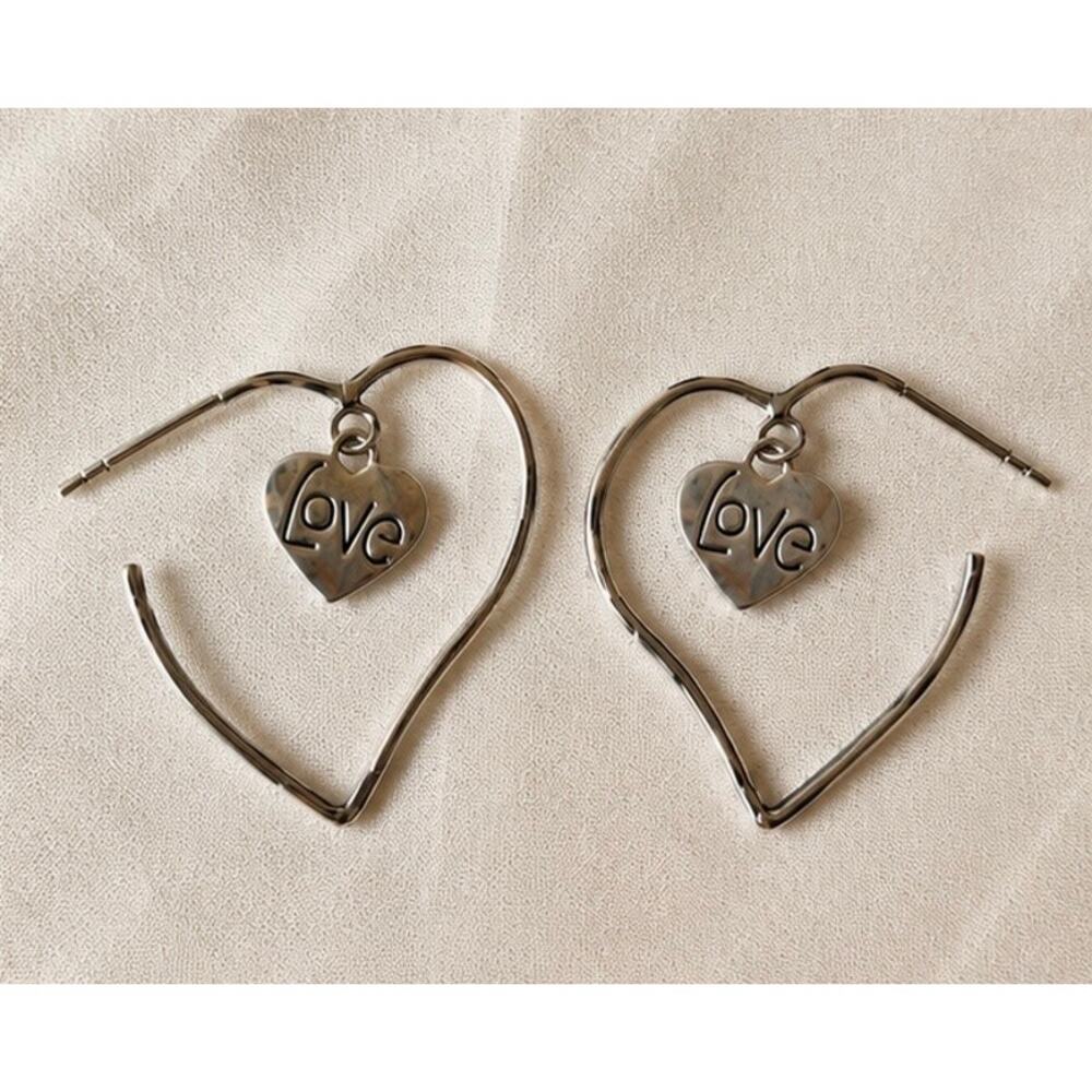 Y2K Sterling Silver Heart Hoop Earrings Love Charms Thailand 925